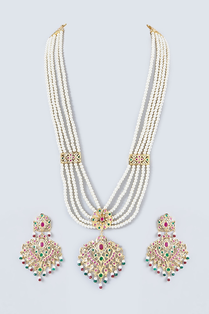 Gold Finish Kundan Polki & Pearl Long Necklace Set by VASTRAA Jewellery at Pernia's Pop Up Shop