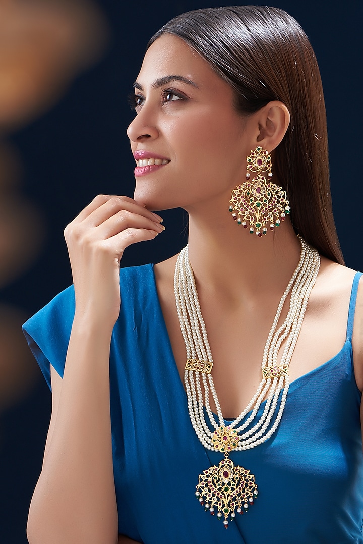 Gold Finish Kundan Polki & Pearl Long Necklace Set by VASTRAA Jewellery at Pernia's Pop Up Shop