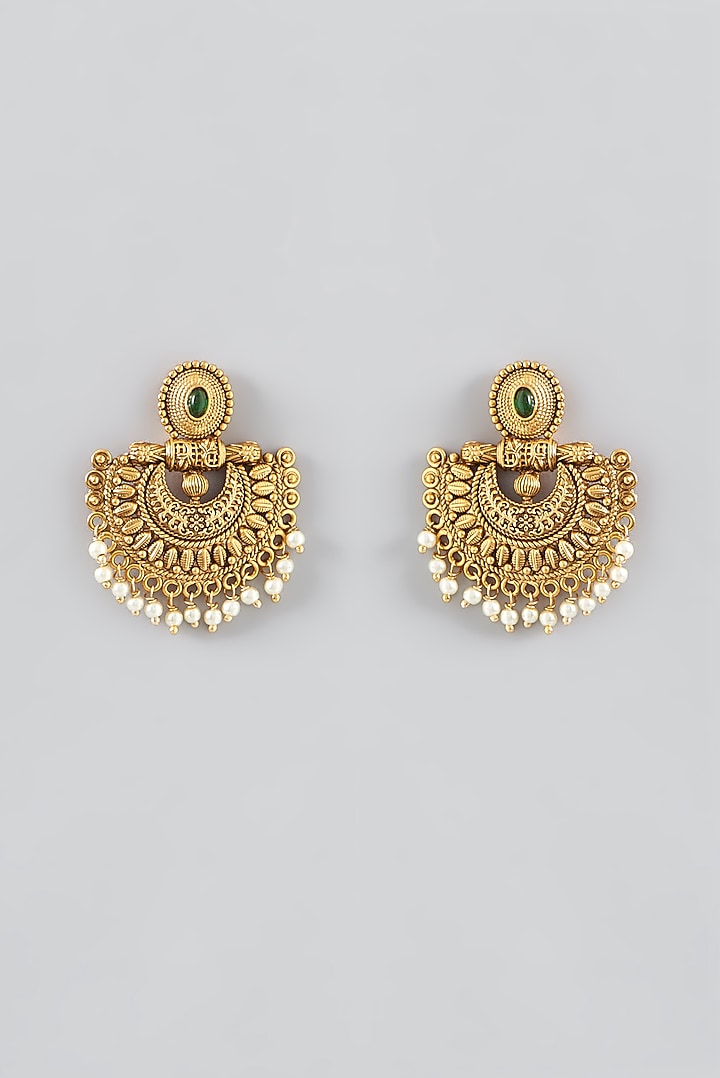 Gold Finish Kundan Polki & Pearl Temple Dangler Earrings by VASTRAA Jewellery at Pernia's Pop Up Shop