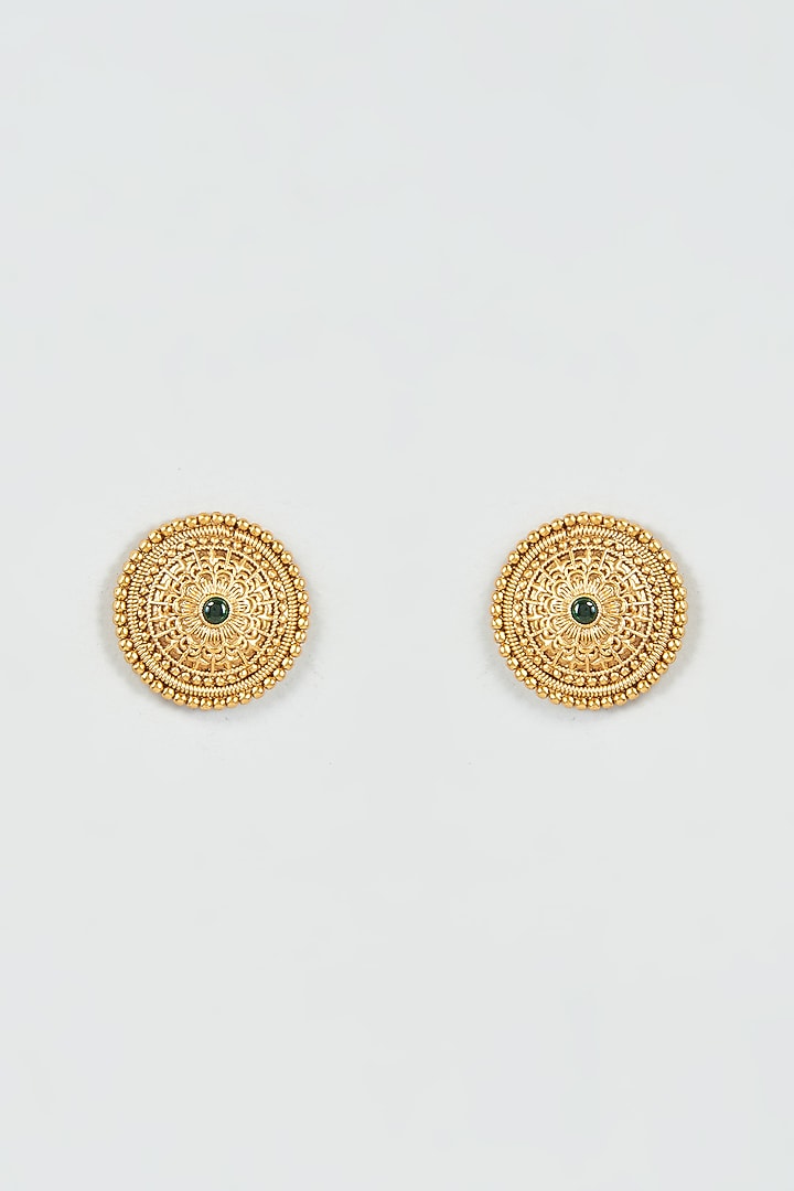 Gold Finish Emerald Synthetic Stone Temple Stud Earrings by VASTRAA Jewellery at Pernia's Pop Up Shop
