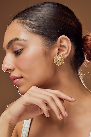 Gold Finish Emerald Synthetic Stone Temple Stud Earrings by VASTRAA Jewellery