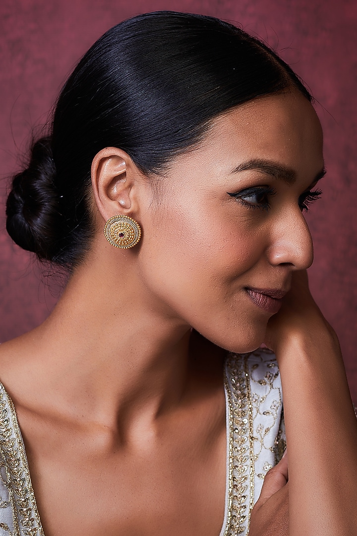 Gold Finish Ruby Synthetic Stone Temple Stud Earrings by VASTRAA Jewellery at Pernia's Pop Up Shop