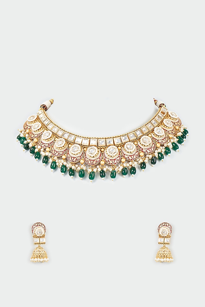 Gold Finish Kundan Polki & Green Beaded Necklace Set by VASTRAA Jewellery at Pernia's Pop Up Shop