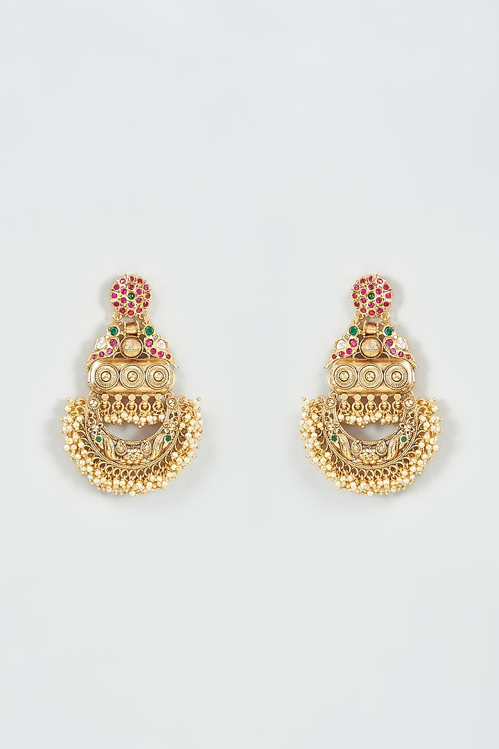 Gold Finish Multi-Colored Synthetic Stone Temple Dangler Earrings by VASTRAA Jewellery at Pernia's Pop Up Shop