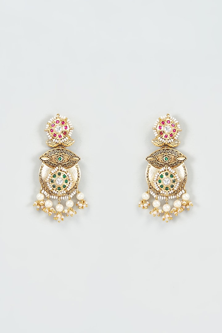 Gold Finish Kundan Polki Temple Dangler Earrings by VASTRAA Jewellery at Pernia's Pop Up Shop