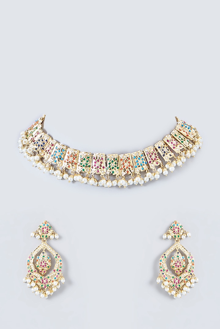 Gold Finish Kundan Polki & Multi-Colored Stone Necklace Set by VASTRAA Jewellery at Pernia's Pop Up Shop