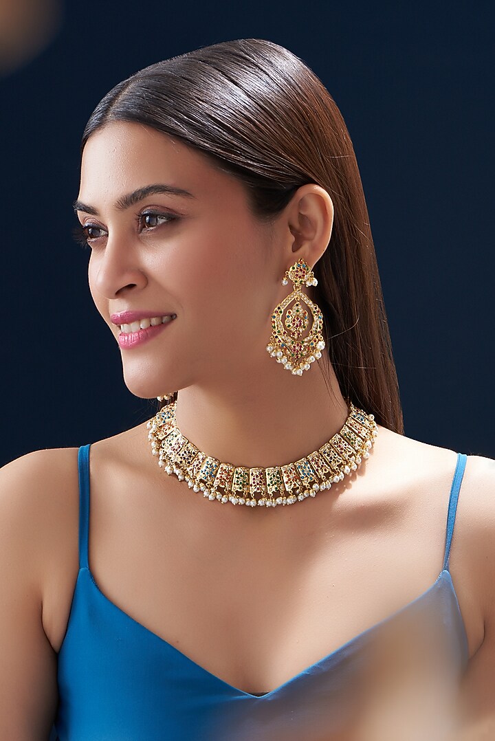 Gold Finish Kundan Polki & Multi-Colored Stone Necklace Set by VASTRAA Jewellery at Pernia's Pop Up Shop