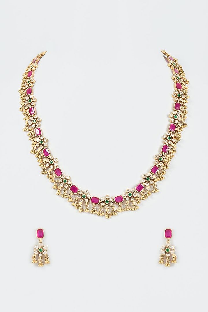 Gold Finish Kundan Polki Long Necklace Set by VASTRAA Jewellery at Pernia's Pop Up Shop