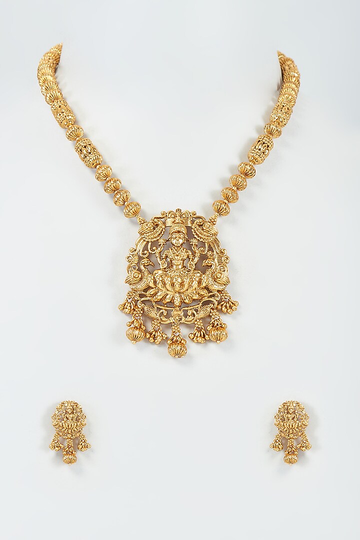 Gold Finish Kundan Polki Long Temple Necklace Set by VASTRAA Jewellery at Pernia's Pop Up Shop