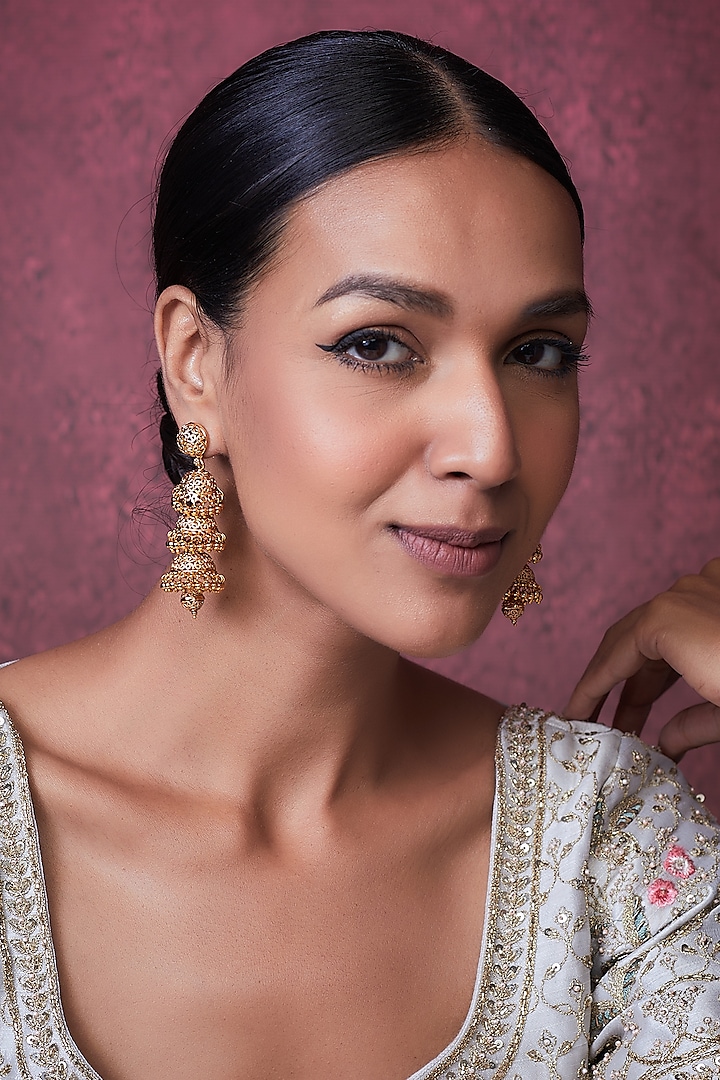 Gold Finish Kundal Polki Temple Dangler Earrings by VASTRAA Jewellery at Pernia's Pop Up Shop