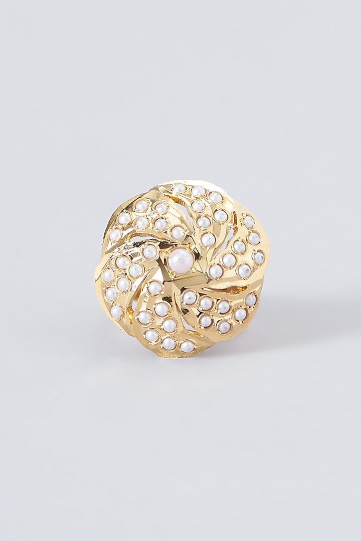 Gold Finish Kundan Polki & Pearl Ring by VASTRAA Jewellery at Pernia's Pop Up Shop