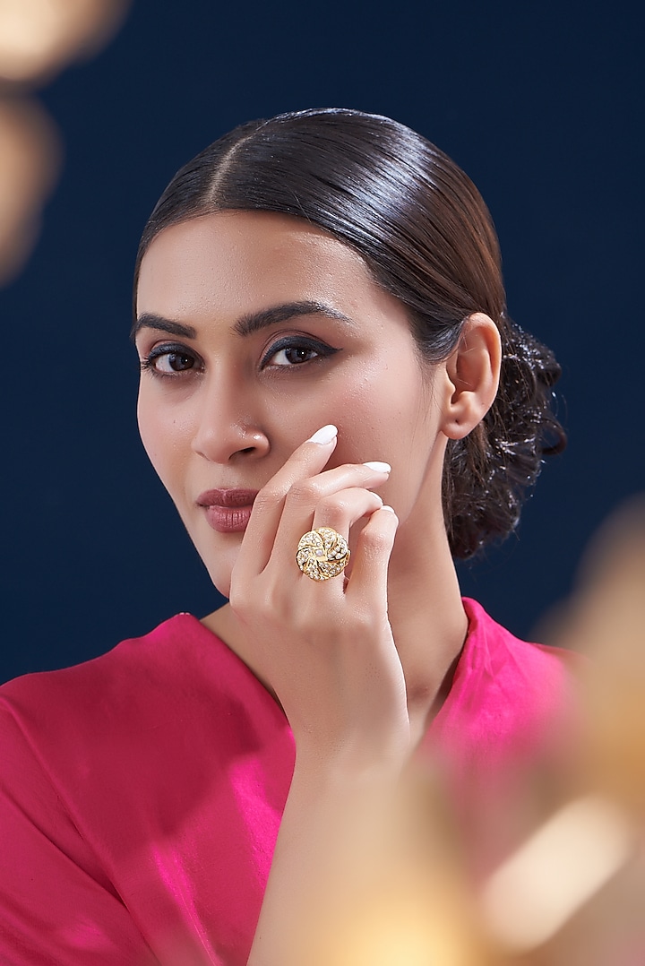 Gold Finish Kundan Polki & Pearl Ring by VASTRAA Jewellery at Pernia's Pop Up Shop