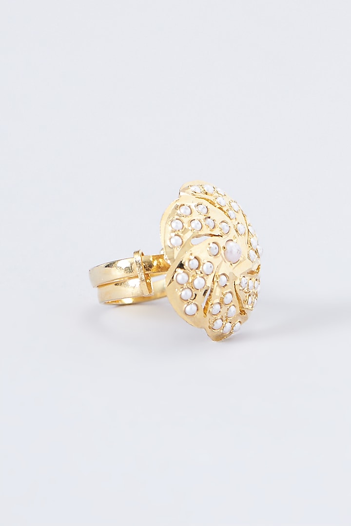 Gold Finish Kundan Polki & Pearl Ring by VASTRAA Jewellery at Pernia's Pop Up Shop