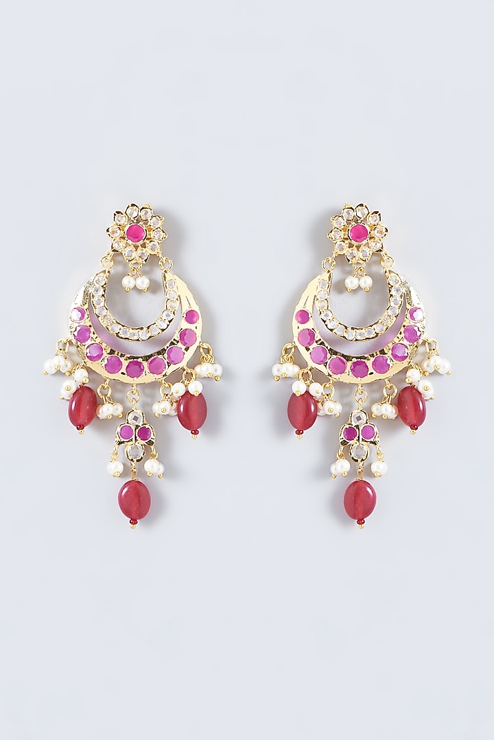 Gold Finish Kundan Polki & Ruby Dangler Earrings by VASTRAA Jewellery at Pernia's Pop Up Shop
