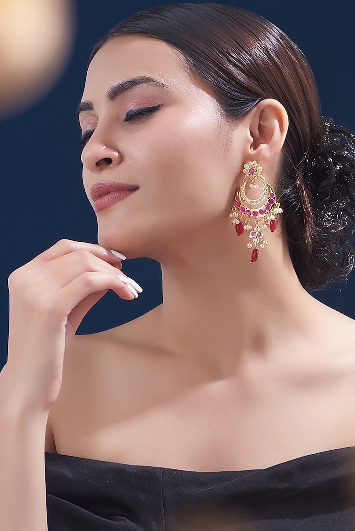 Gold Finish Kundan Polki & Ruby Dangler Earrings by VASTRAA Jewellery at Pernia's Pop Up Shop