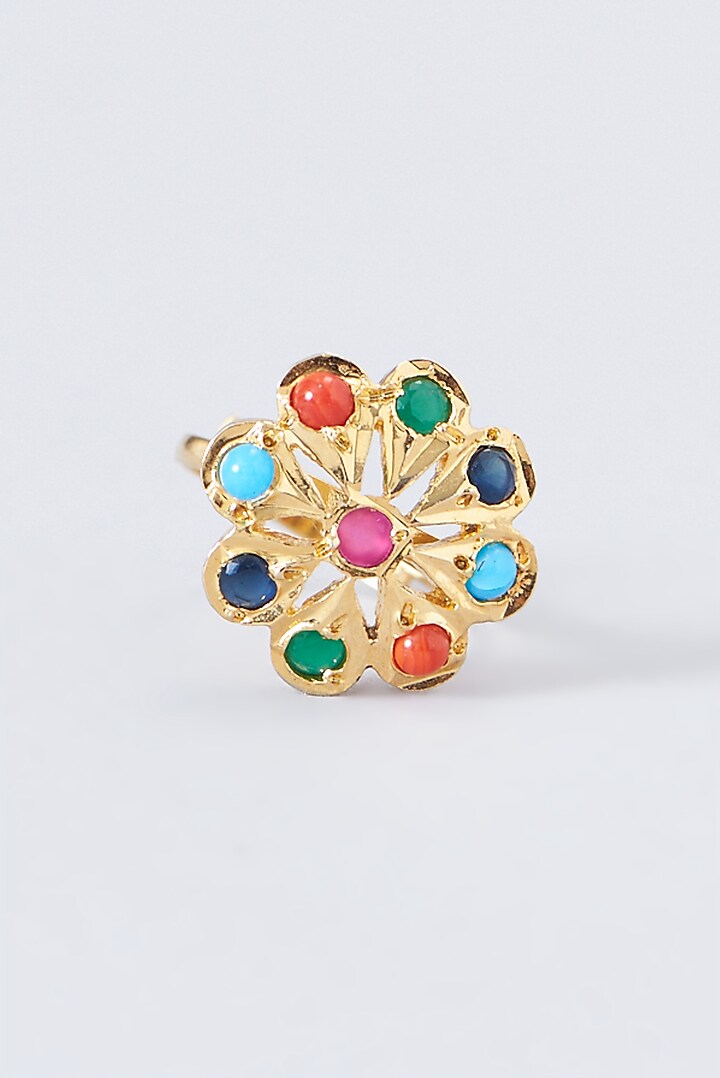 Gold Finish Kundan Polki & Multi-Colored Stone Ring by VASTRAA Jewellery at Pernia's Pop Up Shop