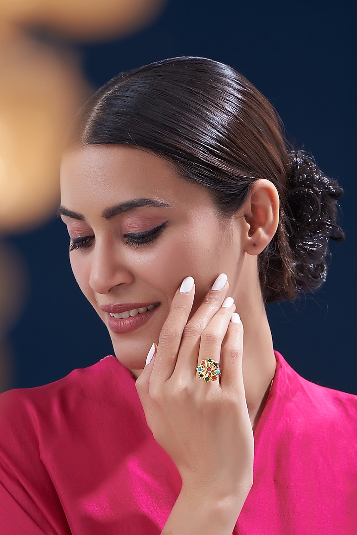 Gold Finish Kundan Polki & Multi-Colored Stone Ring by VASTRAA Jewellery at Pernia's Pop Up Shop