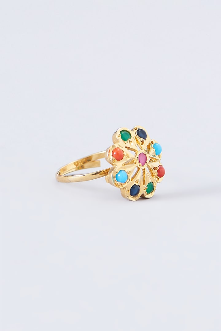 Gold Finish Kundan Polki & Multi-Colored Stone Ring by VASTRAA Jewellery