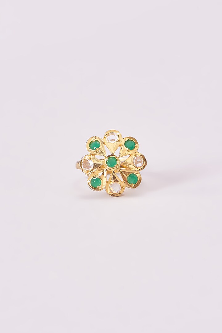 Gold Finish Kundan Polki & Green Stone Ring by VASTRAA Jewellery at Pernia's Pop Up Shop