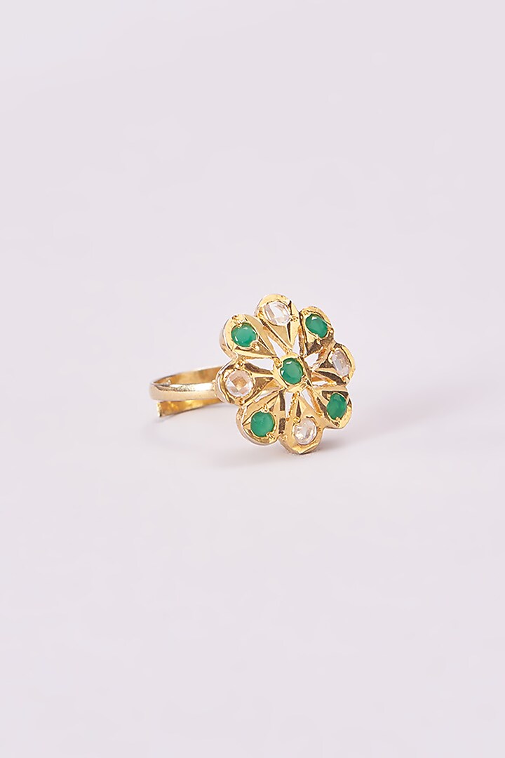 Gold Finish Kundan Polki & Green Stone Ring by VASTRAA Jewellery at Pernia's Pop Up Shop