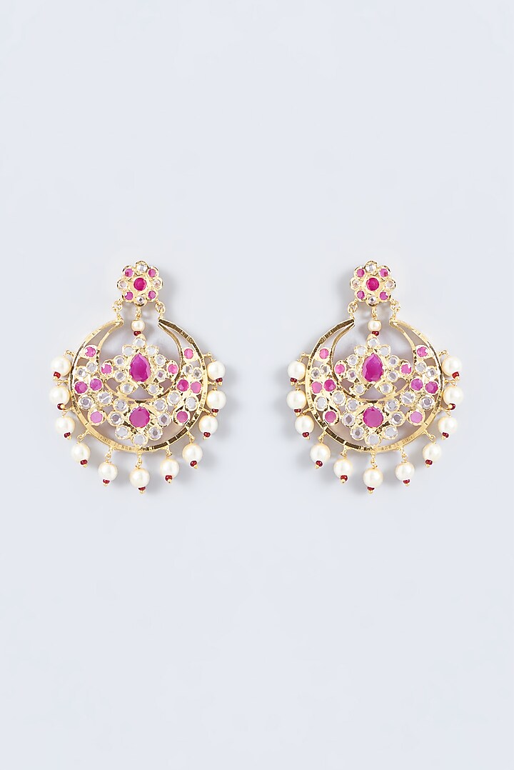 Gold Finish Kundan Polki & Ruby Chandbali Earrings by VASTRAA Jewellery at Pernia's Pop Up Shop