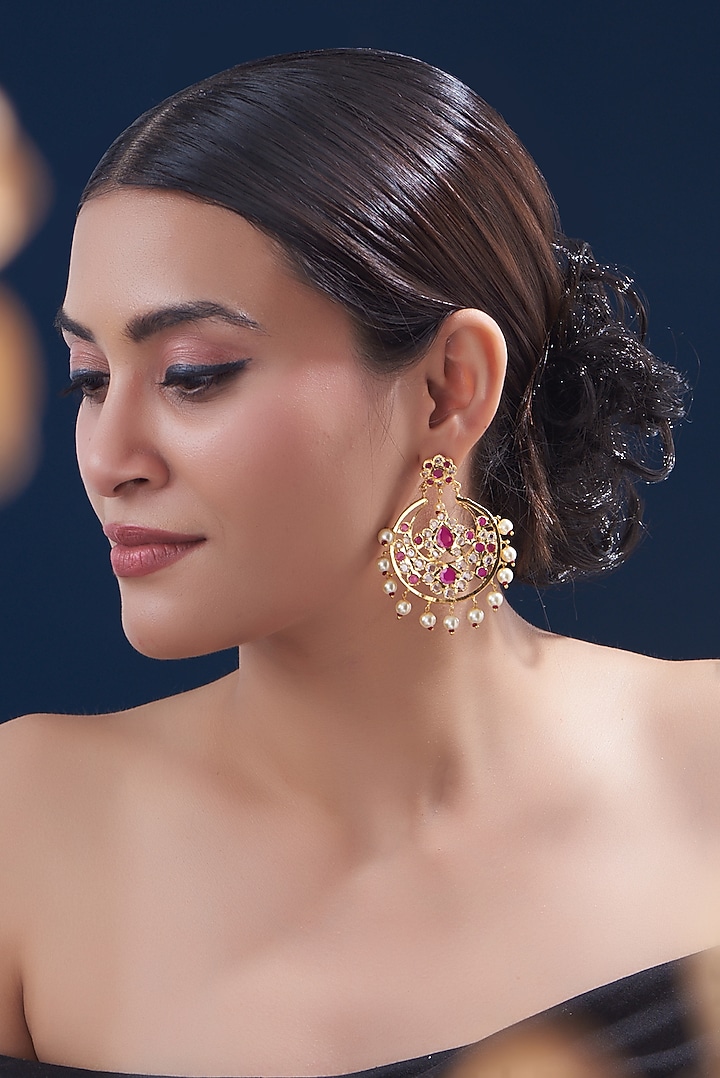 Gold Finish Kundan Polki & Ruby Chandbali Earrings by VASTRAA Jewellery at Pernia's Pop Up Shop
