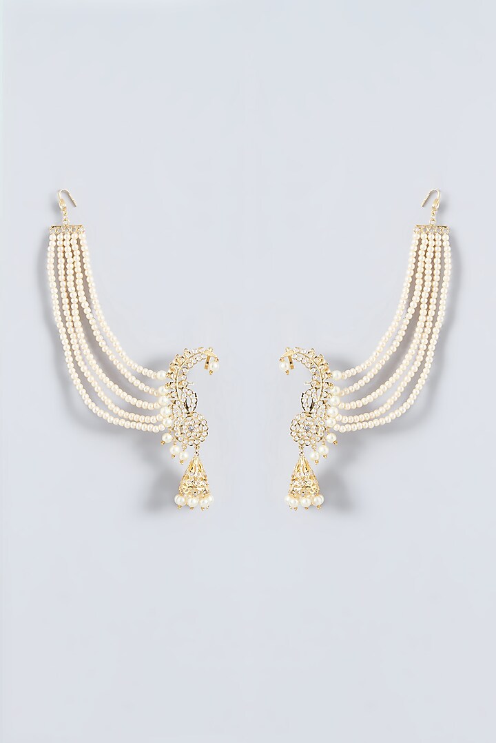 Gold Finish Kundan Polki & Pearl Temple Dangler Earrings by VASTRAA Jewellery at Pernia's Pop Up Shop