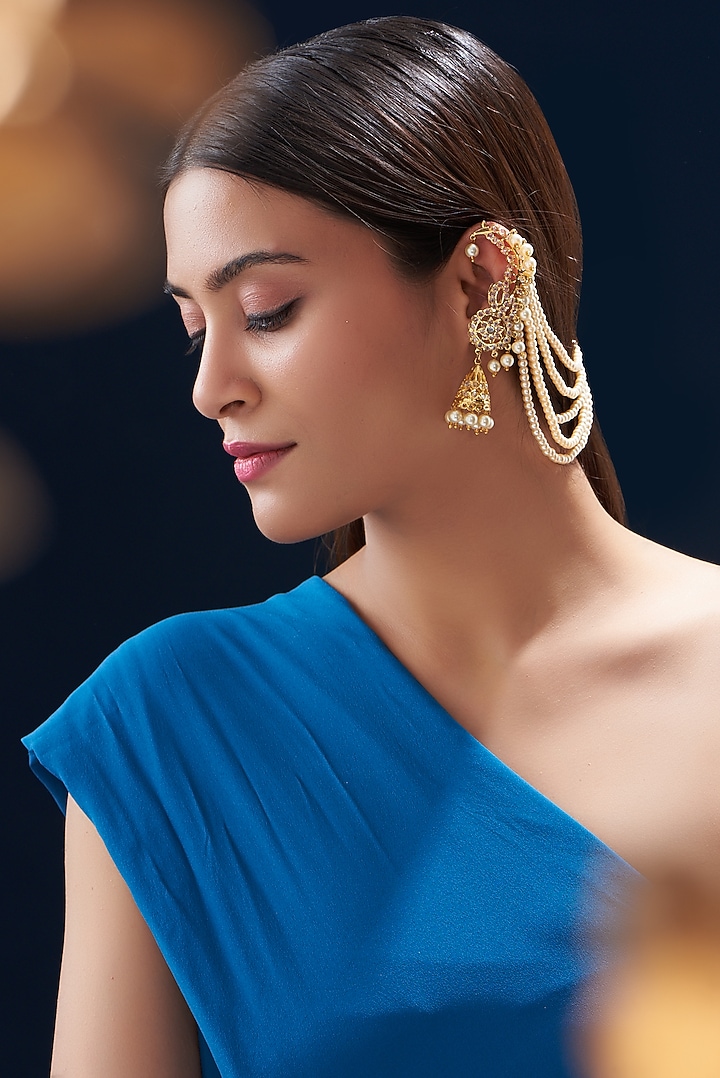 Gold Finish Kundan Polki & Pearl Temple Dangler Earrings by VASTRAA Jewellery at Pernia's Pop Up Shop