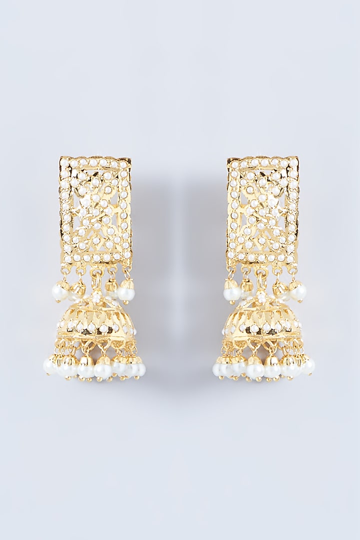 Gold Finish Kundan Polki & Pearl Jhumka Earrings by VASTRAA Jewellery at Pernia's Pop Up Shop