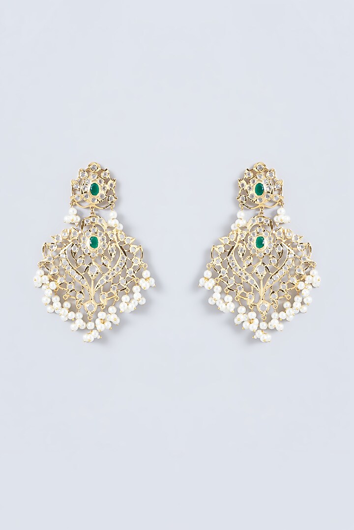 Gold Finish Kundan Polki & Emerald Stone Dangler Earrings by VASTRAA Jewellery at Pernia's Pop Up Shop