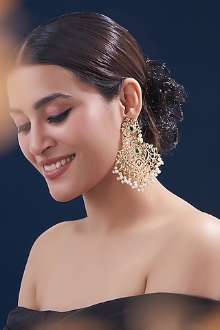 Gold Finish Kundan Polki & Emerald Stone Dangler Earrings by VASTRAA Jewellery