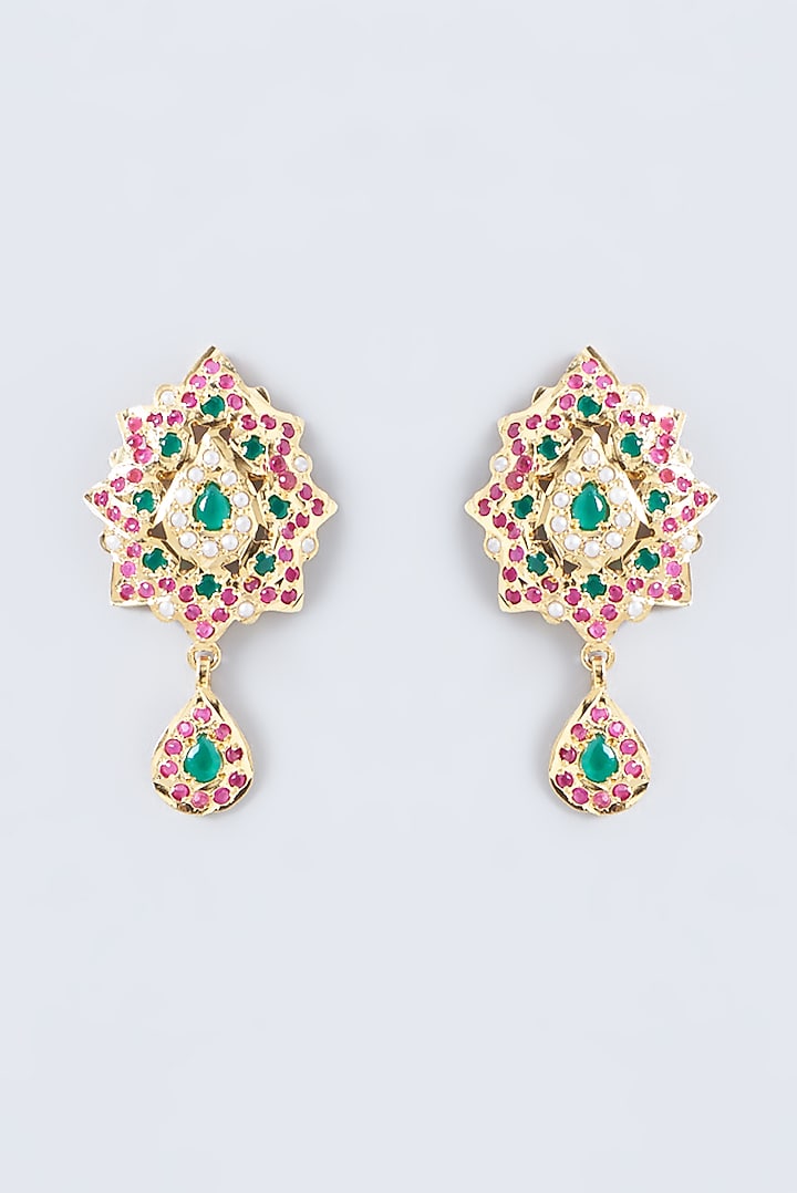 Gold Finish Kundan Polki & Multi-Colored Stone Stud Earrings by VASTRAA Jewellery at Pernia's Pop Up Shop