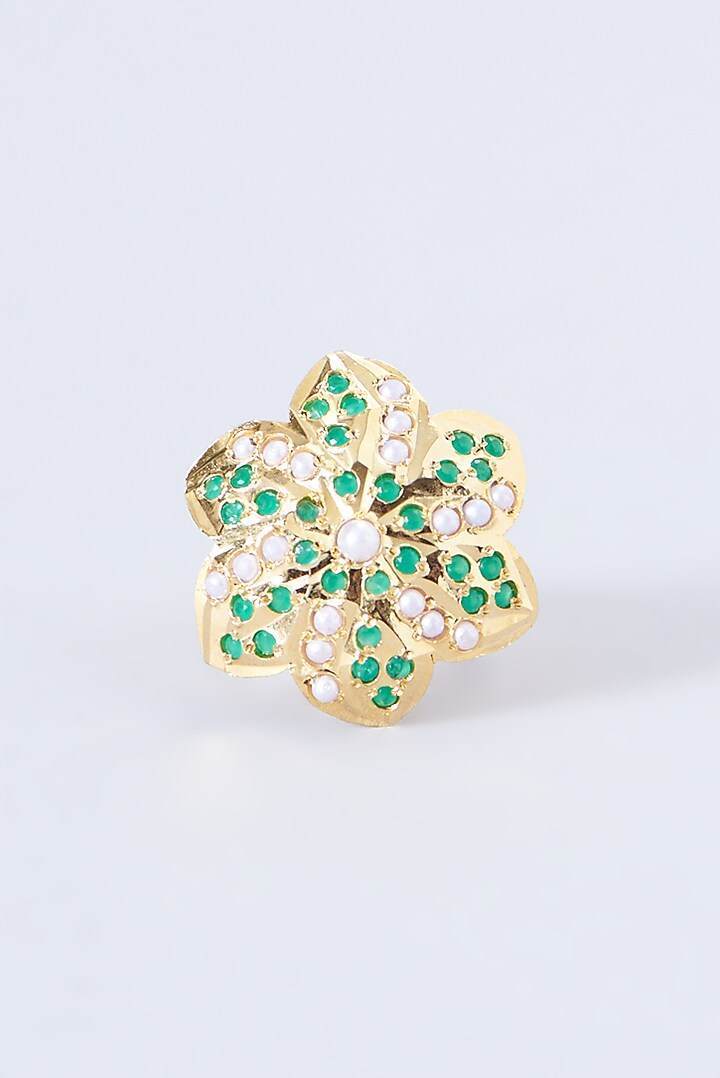 Gold Finish Kundan Polki & Green Stone Ring by VASTRAA Jewellery at Pernia's Pop Up Shop