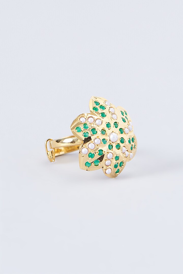 Gold Finish Kundan Polki & Green Stone Ring by VASTRAA Jewellery at Pernia's Pop Up Shop