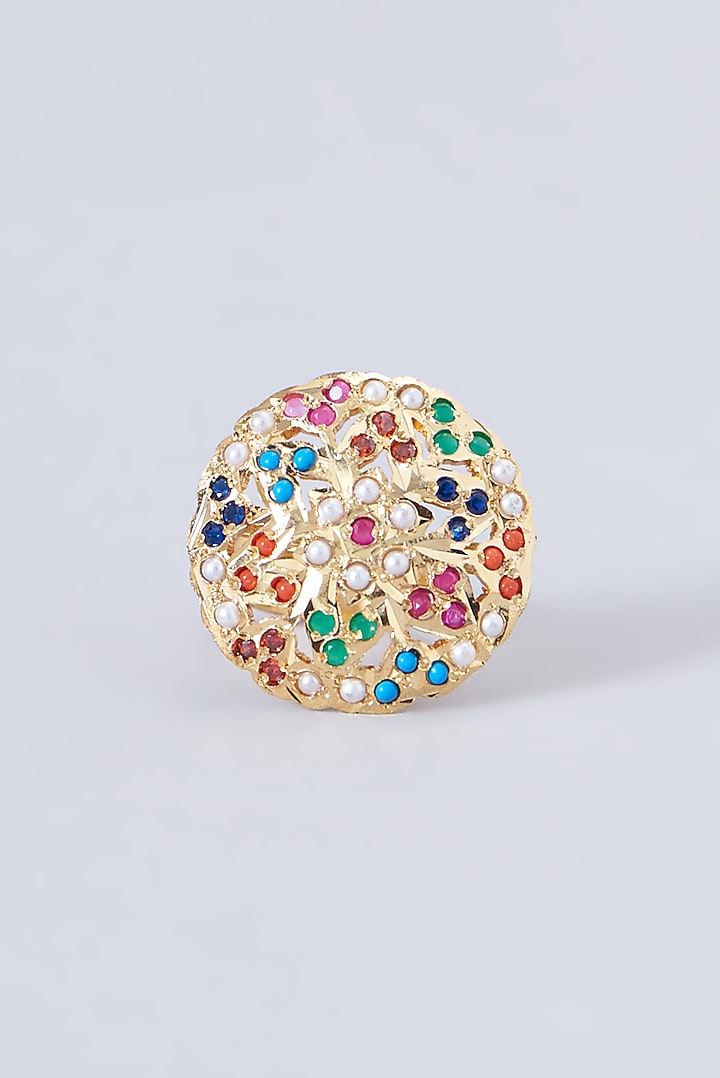Gold Finish Kundan Polki & Multi-Colored Stone Ring by VASTRAA Jewellery at Pernia's Pop Up Shop