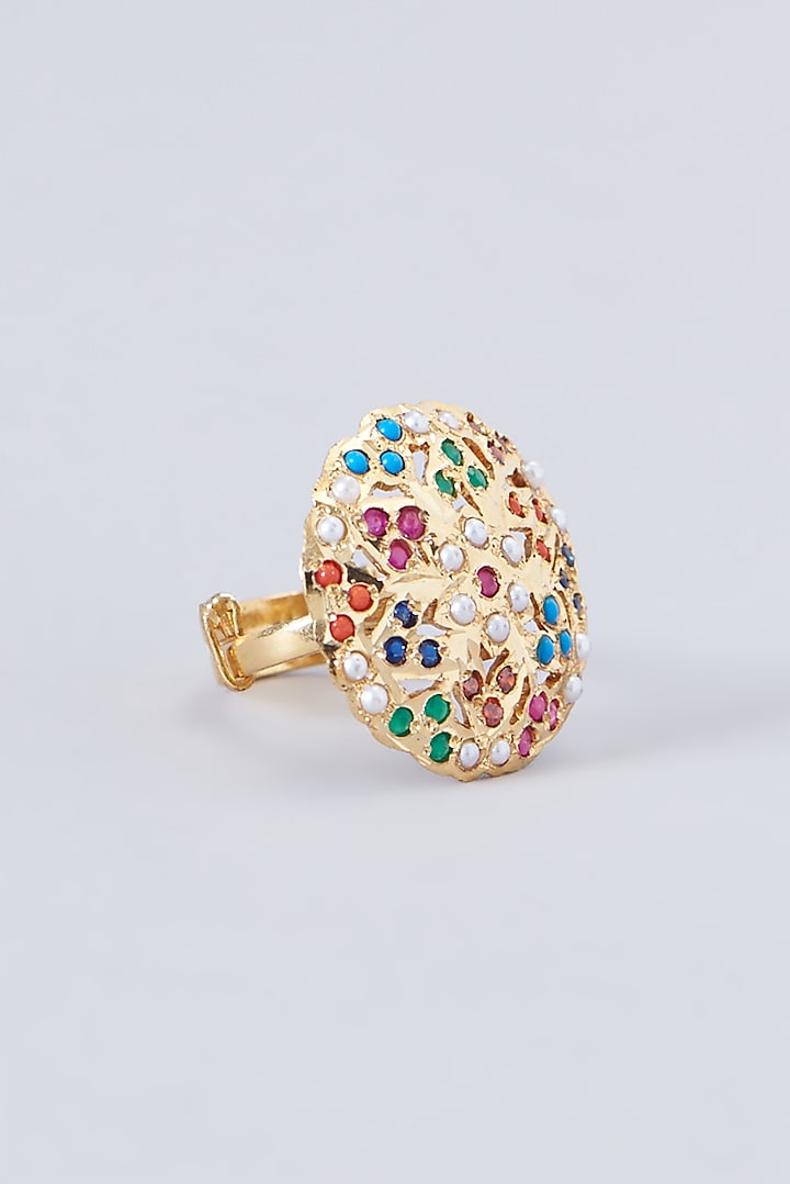 Gold Finish Kundan Polki & Multi-Colored Stone Ring by VASTRAA Jewellery at Pernia's Pop Up Shop
