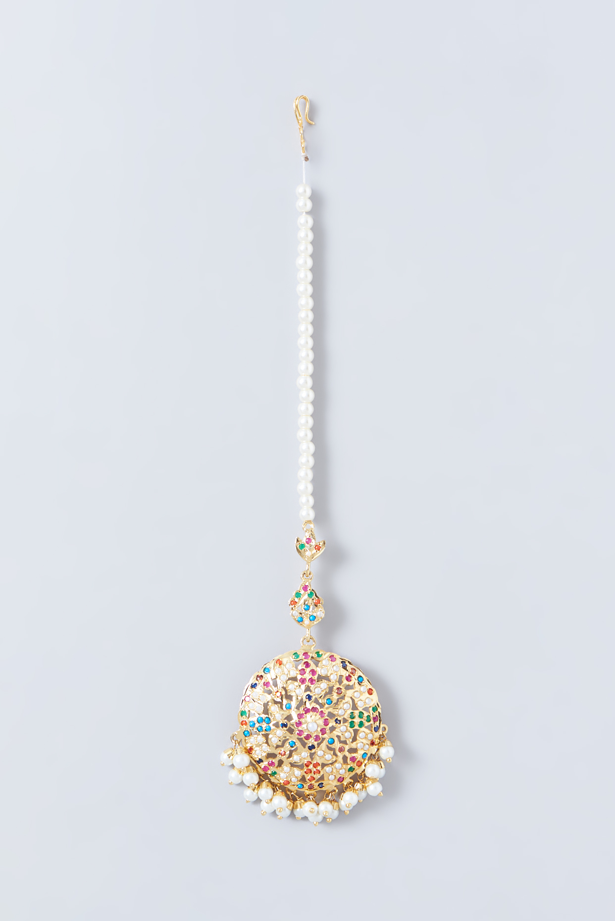 Gold Finish Kundan Polki & Pearl Maang Tikka
 by VASTRAA Jewellery