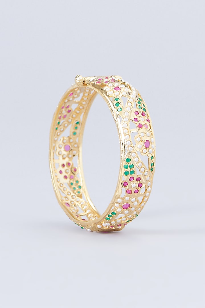Gold Finish Kundan Polki & Multi-Colored Stone Bangles (Set of 2) by VASTRAA Jewellery at Pernia's Pop Up Shop