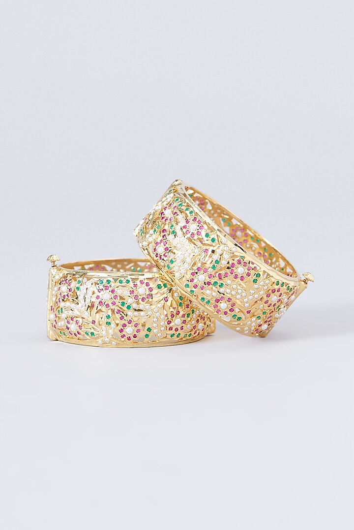 Gold Finish Kundan Polki & Multi-Colored Stone Bangles (Set of 2) by VASTRAA Jewellery at Pernia's Pop Up Shop