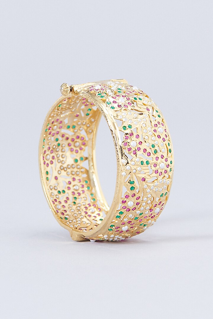 Gold Finish Kundan Polki & Multi-Colored Stone Bangles (Set of 2) by VASTRAA Jewellery at Pernia's Pop Up Shop