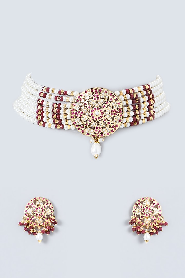Gold Finish Kundan Polki & Red Stone Choker Necklace Set by VASTRAA Jewellery at Pernia's Pop Up Shop