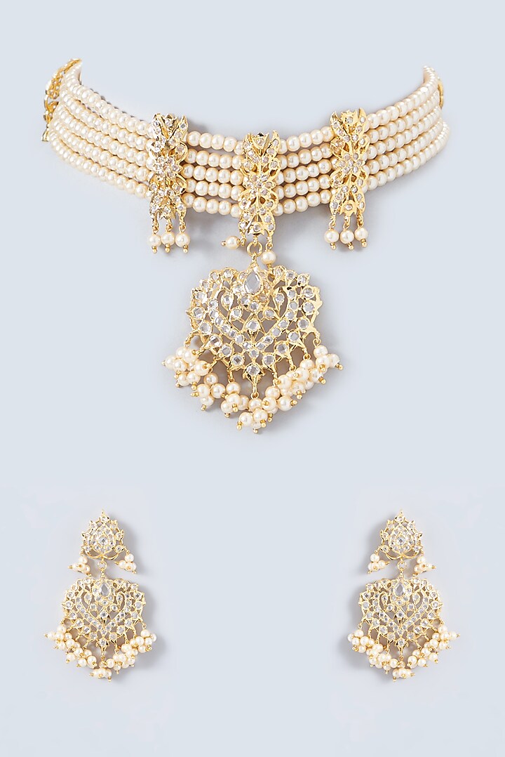 Gold Finish Kundan Polki & Pearls Choker Necklace Set by VASTRAA Jewellery at Pernia's Pop Up Shop