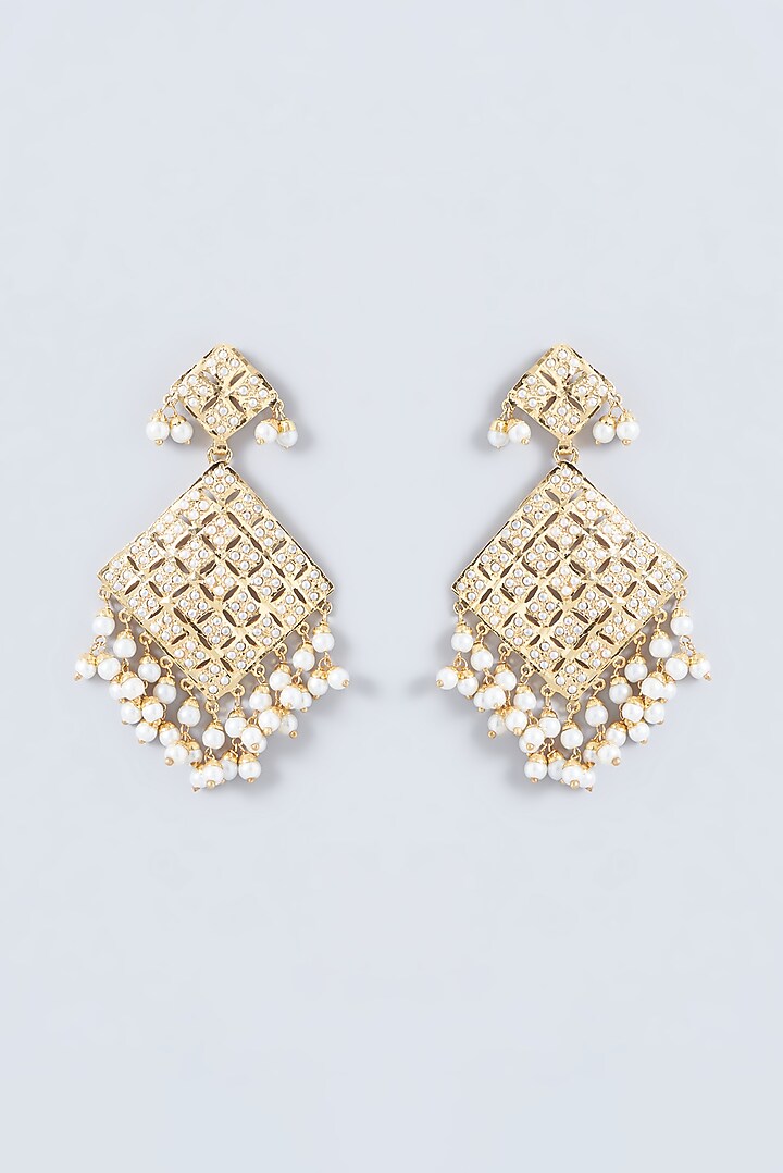 Gold Finish Kundan Polki & Pearl Dangler Earrings by VASTRAA Jewellery at Pernia's Pop Up Shop