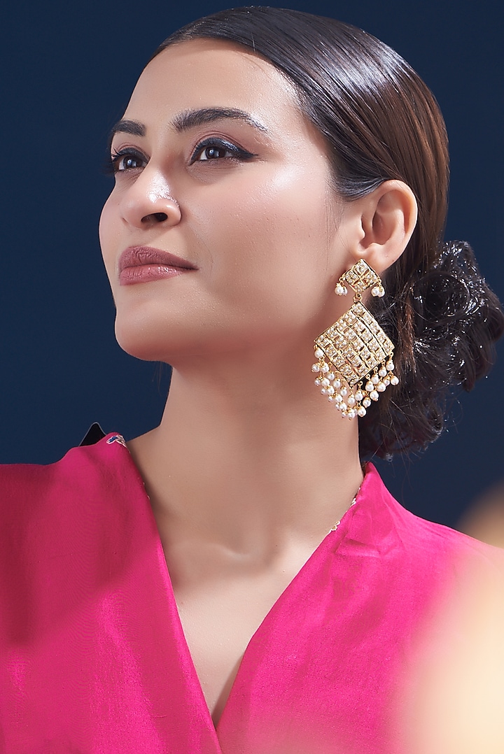 Gold Finish Kundan Polki & Pearl Dangler Earrings by VASTRAA Jewellery at Pernia's Pop Up Shop