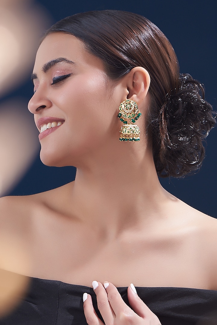 Gold Finish Kundan Polki & Emerald Jhumka Earrings by VASTRAA Jewellery