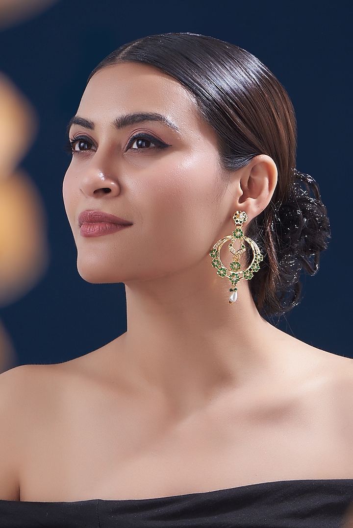 Gold Finish Kundan Polki & Emerald Dangler Earrings by VASTRAA Jewellery