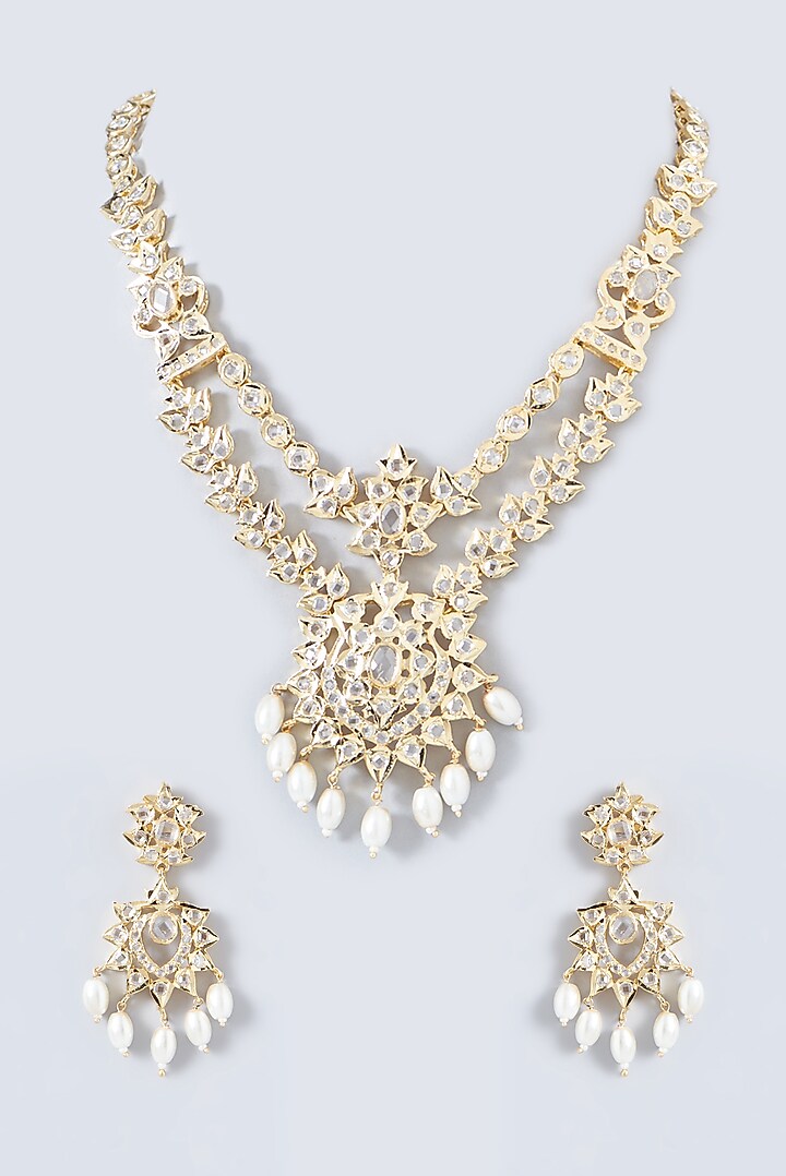 Gold Finish Kundan Polki & Pearl Necklace Set by VASTRAA Jewellery at Pernia's Pop Up Shop