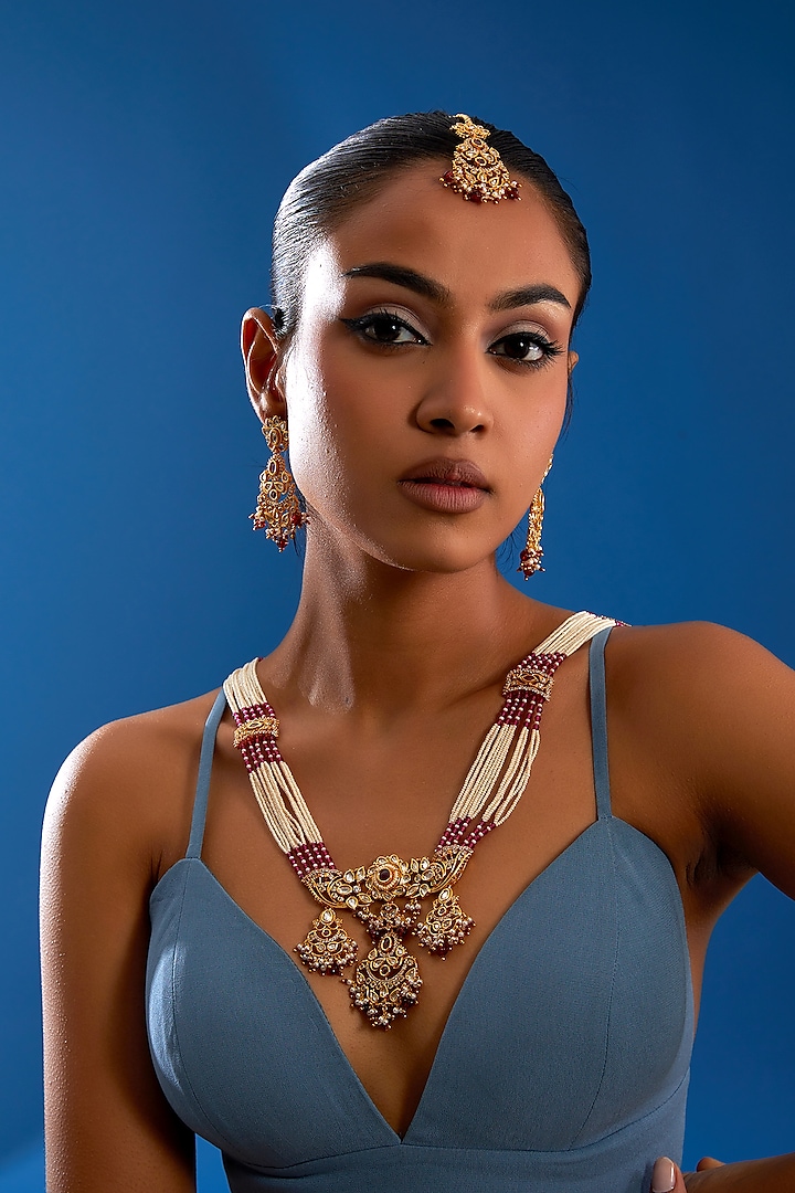 Gold Finish Kundan Polki & Red Beaded Long Necklace Set by VASTRAA Jewellery at Pernia's Pop Up Shop