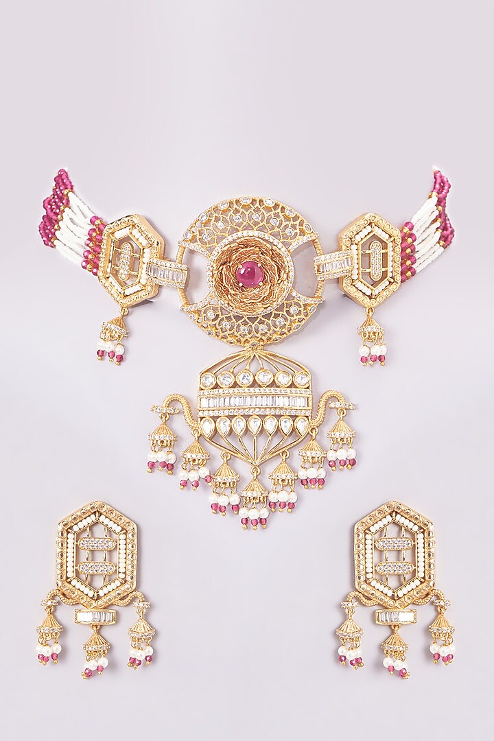 Gold Finish Kundan Polki & Red Beaded Choker Necklace Set by VASTRAA Jewellery at Pernia's Pop Up Shop