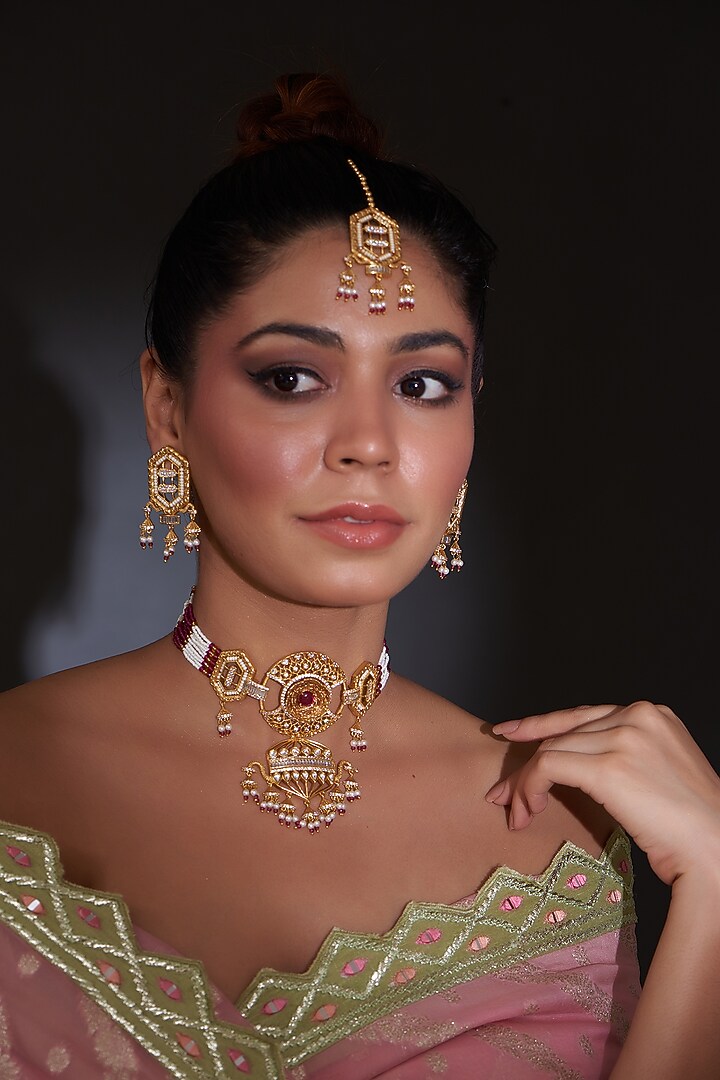 Gold Finish Kundan Polki & Red Beaded Choker Necklace Set by VASTRAA Jewellery at Pernia's Pop Up Shop
